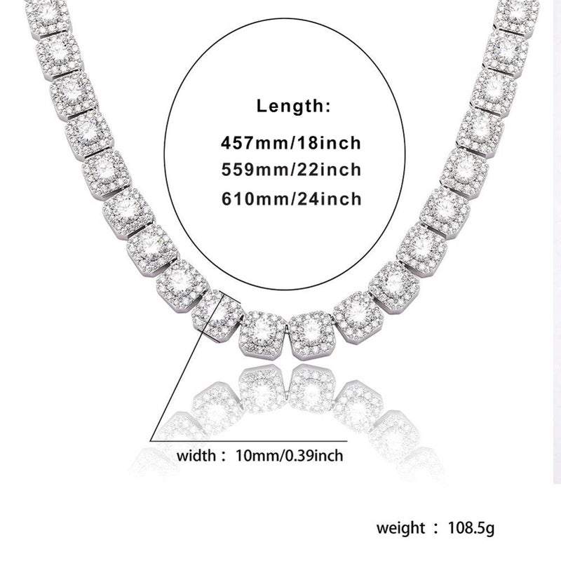 JINAO 10mm Tennis Necklace Chain 18k Gold Plated Square Halo Necklace with Round Cut Cluster Cubic Zirconia Jumbo Lab Simulated Diamond Iced Out Chain for Men Women (White Gold, 18) - Image 3